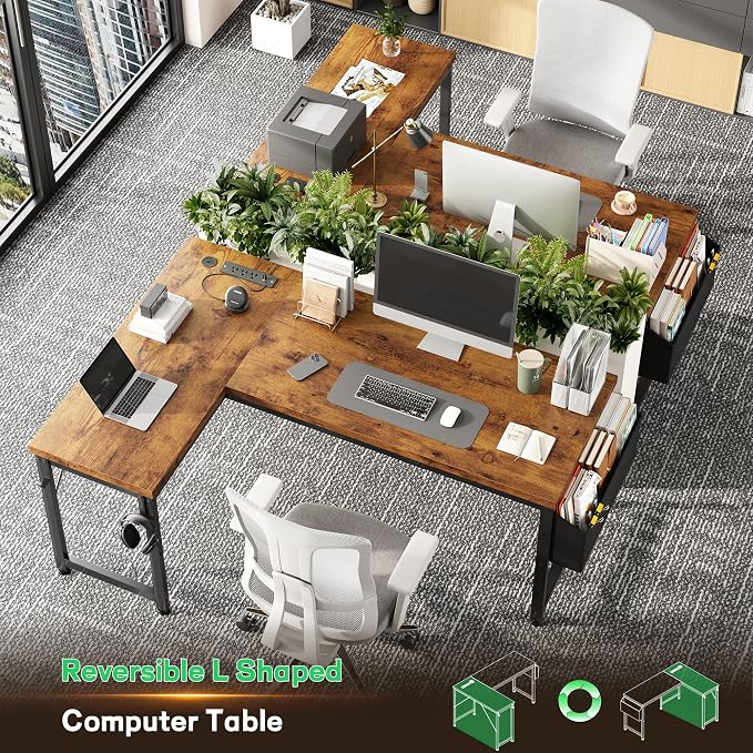 DurayLoly 55" Thicker L Shaped Computer Desk for Home Office, Brown | 0.95" Thick Desktop & Metal Frame Supports for Dual Monitors,Flexible Reversible Corner Desk for Bedroom