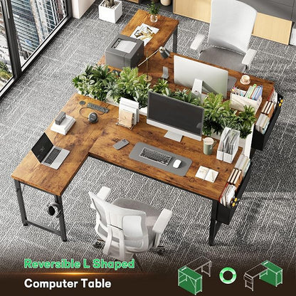 DurayLoly 55" Thicker L Shaped Computer Desk for Home Office, Brown | 0.95" Thick Desktop & Metal Frame Supports for Dual Monitors,Flexible Reversible Corner Desk for Bedroom