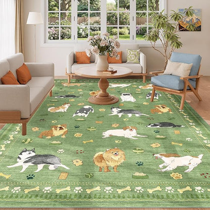 DUKINO 6x9 Rug for Living Room, Lightweight Animal Dog Print Washable Area Rug, Soft Non Slip & Low Pile Floor Mat, Stain Resistant Large Carpet for Bedroom, Nursery, Dining Room, Kids Playroom, Green