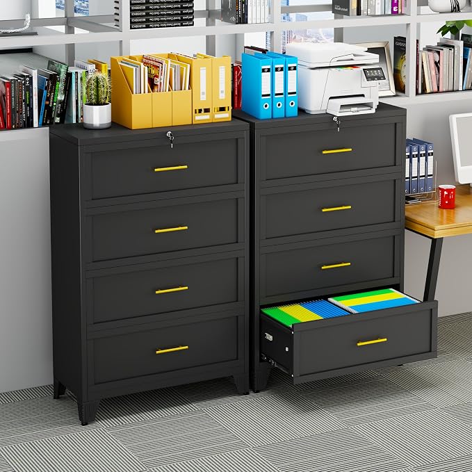 Metal Lateral File Cabinet with Lock,4 Drawer Steel Wide Filing Organization Storage Cabinets for Legal/Letter/A4/F4 Size with Hanging Files&Key,Lockable Printer Stand for Home Office, Black