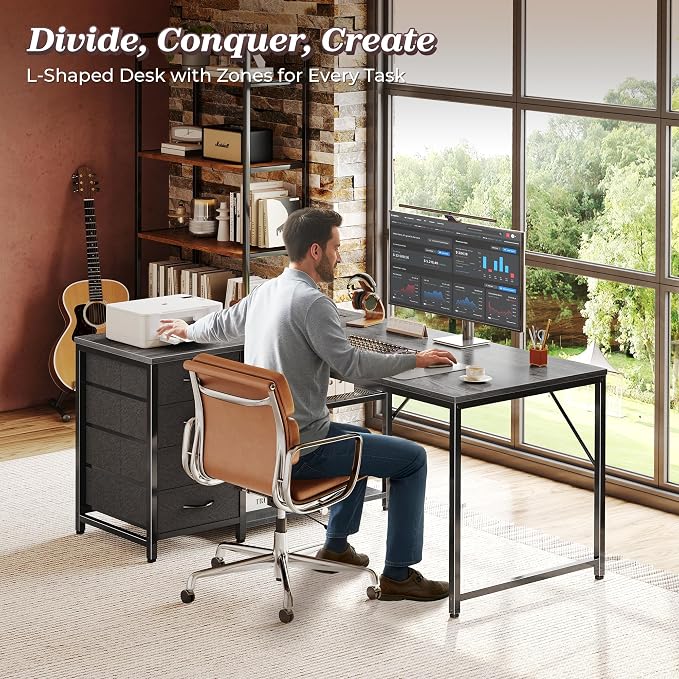 PRAISUN 43.3" Small Computer Desk with Power Outlets & USB-C Port, Reversible L Shaped Corner Office Desk with 4 Fabric Drawers and 2 Adjustable Storage Shelves, for Gaming Writing, Grey