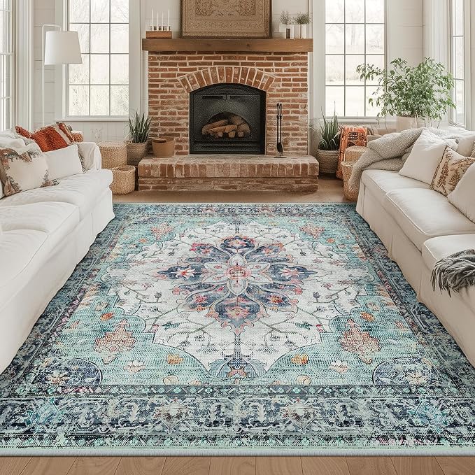 RELEANY Area Rugs Square 8ft Washable Non-Slip, Floral Vintage Distress Medallion Carpet for Living Room Bedroom Dining Room, Green Navy Blue White Red Teal