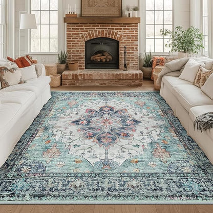 RELEANY Area Rugs Square 8ft Washable Non-Slip, Floral Vintage Distress Medallion Carpet for Living Room Bedroom Dining Room, Green Navy Blue White Red Teal