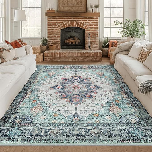 RELEANY Area Rugs Square 8ft Washable Non-Slip, Floral Vintage Distress Medallion Carpet for Living Room Bedroom Dining Room, Green Navy Blue White Red Teal