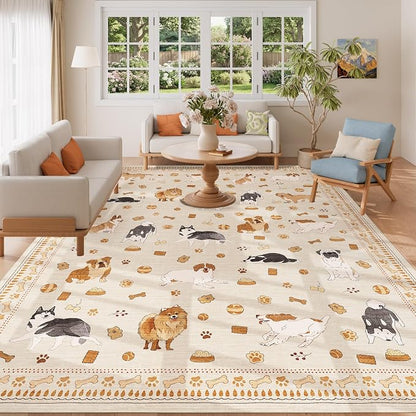 DUKINO 8x10 Area Rug, Non Slip Washable Animal Dog Rug for Living Room, Stain Resistant & Low Pile Indoor Floor Large Carpet for Bedroom, Farmhouse, Nursery, Dining Room, Kids Playroom, Beige Yellow