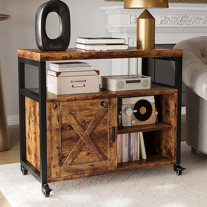 FUSUNBAO Farmhouse Printer Stand with Storage, Printer Table with Charge Station and Wheels, Rolling Printer Cabinet with Shelves, Printer Cart, and File Cabinet for Home Office Storage(Rustic Brown)