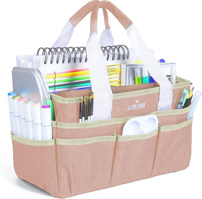 JJRING Craft Organizer Tote Bag, Art Storage Caddy with Multiple Pockets, Beige Sewing Bag for Art, Craft, Scrapbooking, School, Medical, and Office Supplies Storage