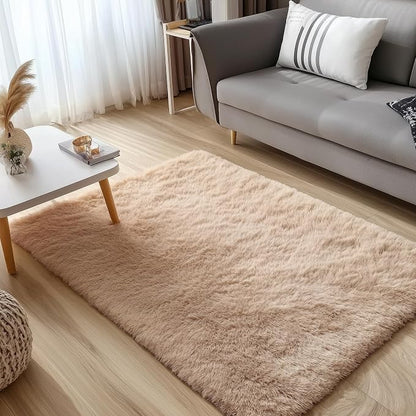 OLANLY 3x5 Machine Washable Small Bedside Rug, Soft Fluffy Shaggy Rugs for Living Room, Bedroom, Indoor Floor Carpet for Kids Girls and Boys, Preppy Dorms, Nursery, Home Decor Aesthetic, Beige