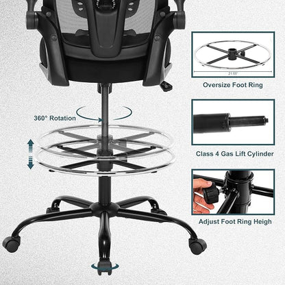 Ergonomic Drafting Chair – Tall Office Chair for Standing Desk, Adjustable Height Mesh Chair with Footrest and Flip-Up Arms, Counter Height, Black