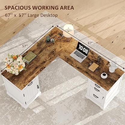Whalefall 67'' Farmhouse L-Shaped Desk with Drawers for Home Office, White | Computer Corner Desk with File Cabinet and Charging Station, Large Executive L Desk with Locking Drawers Storage