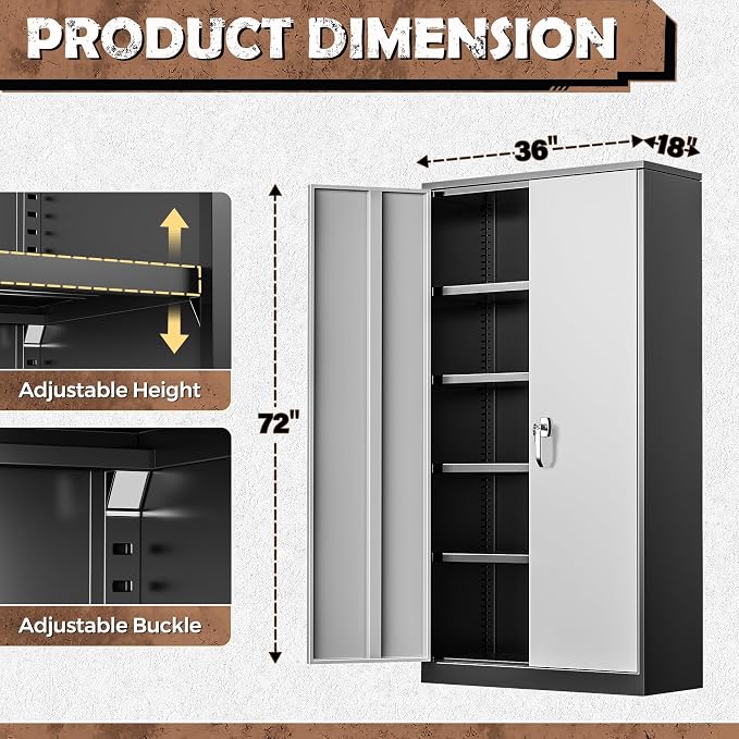 INTERGREAT Metal Storage Cabinet, 72” H Storage Cabinet with 2 Doors and 4 Adjustable Shelves for Office, Home, Garage, Pantry (Assembly Required, Black Grey)