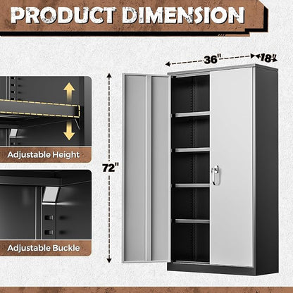 INTERGREAT Metal Storage Cabinet, 72” H Storage Cabinet with 2 Doors and 4 Adjustable Shelves for Office, Home, Garage, Pantry (Assembly Required, Black Grey)