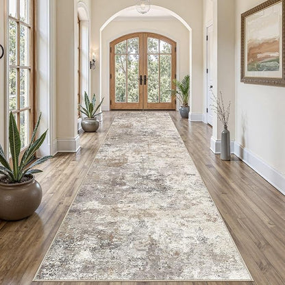 UERMEI 3x12 Washable Runner Rug for Hallway, Non Slip Low Pile Kitchen Carpet, Neutral Modern Abstract Indoor Floor Mat for Entryway Laundry, Kid & Pet Safe High Traffic Area, Brown Grey