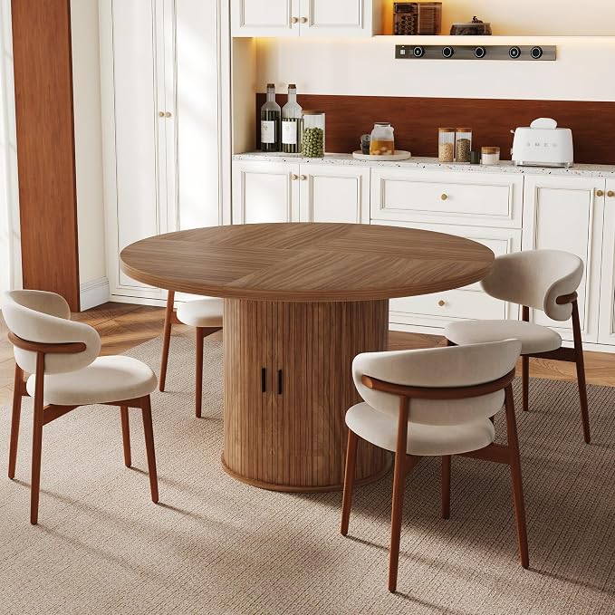 47 inch Round Dining Table for 4-6, Dinner Table with 2-Layer Storage Shelf, Morden Circle Kitchen Table with Wooden Strip Base and Wood Slide Door for Home Dining Room, Living Room, Chestnut