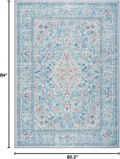 Goideal Washable Rug 5x7, Blue Area Rugs Non Slip, Indoor Low Pile Carpet with Rubber Backing for Living Room Kitchen Bathroom Entryway Office Bedroom