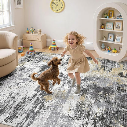 UERMEI 8x10 Area Rug for Living Room - Washable Neutral Modern Abstract Carpet, Non-Slip Soft Large Indoor Floor Rugs for Bedroom Home Office & Under Dining Table Decor, Black/White/Gold