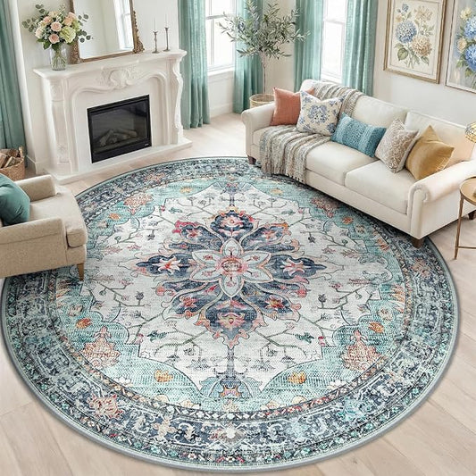 RELEANY Area Rugs Round 8ft Washable Non-Slip, Floral Vintage Distress Medallion Carpet for Living Room Bedroom Dining Room, Green Navy Blue White Red Teal