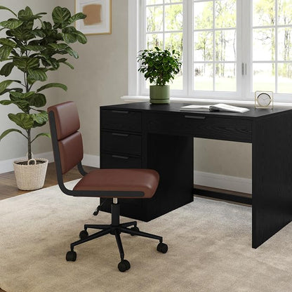 Martha Stewart Lulu Swivel Task Chair with Height Adjustable Seat for Home Office in Saddle Brown Faux Leather with Oil Rubbed Bronze Frame