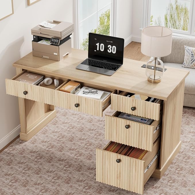 54" Executive Desk with Fluted Wave Board Design, Home Office Computer Desk with 3 Drawers and Storage Cabinet, Built-in USB Ports & Power Outlets, Modern Writing Table for Bedroom Natural Wood