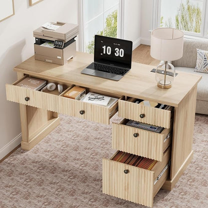 54" Executive Desk with Fluted Wave Board Design, Home Office Computer Desk with 3 Drawers and Storage Cabinet, Built-in USB Ports & Power Outlets, Modern Writing Table for Bedroom Natural Wood