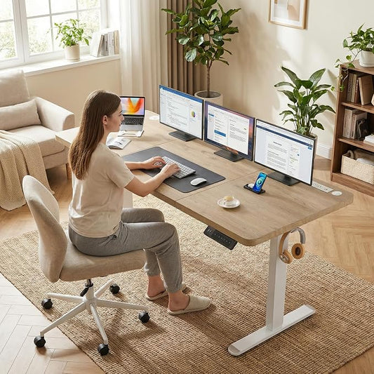 70'' x 27'' Electric Standing Desk Adjustable Height with Charging Station, Wheels, 2 USB Ports, 3 Power Outlets, 27''-46'' Lifting Range Stand up Desk for Home Office(Oak Gery)
