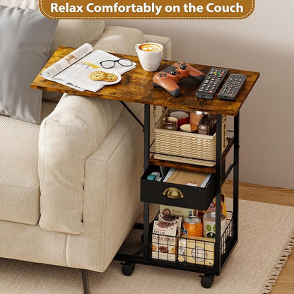 Rolling Coffee Table with Oversized Double-Wide Wood Top, Mobile Tv Tray with Storage Drawer and Wheels for Sofa, Portable Side Table for Living Room, Home Office, Spacious Desk for Working Studying