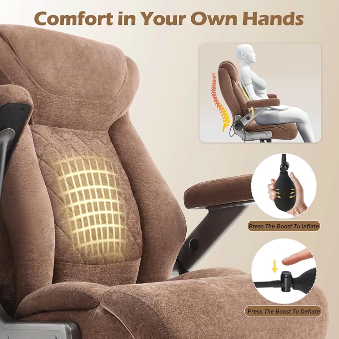 Fabric 700lbs Big and Tall Office Chair, Ergonomic Heavy Duty Executive Cloth Office Chair with 5D Flip Arms & Adjustable Lumbar Support & Dual Rubber Wheel, Large Thick Padded Extra Wide Seat, Brown