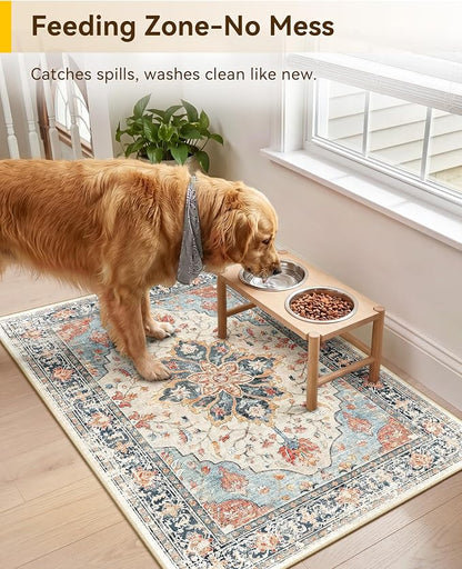RELEANY Area Rugs Small 2'x3' Washable Non-Slip, Floral Vintage Distress Medallion Carpet for Kitchen Entryway Bathroom, Beige Navy Blue Orange Colorful