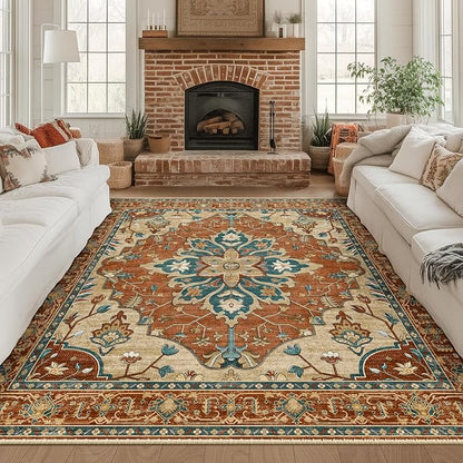 RELEANY Area Rugs Square 8ft Washable Non-Slip, Floral Vintage Distress Medallion Carpet for Living Room Bedroom Dining Room, Red Orange Blue Brown