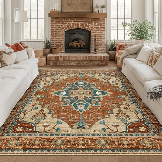 RELEANY Area Rugs Square 8ft Washable Non-Slip, Floral Vintage Distress Medallion Carpet for Living Room Bedroom Dining Room, Red Orange Blue Brown