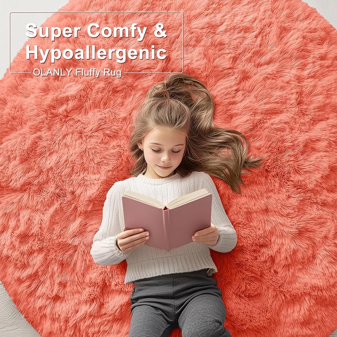 OLANLY Coral Red Round Rugs for Bedroom - Machine Washable, 2 ft Circle Area Rugs for Living Room, Soft and Fluffy Shaggy Carpet for Teen Girl and Boys, Nursery Rooms, Dorms, Home Decor Aesthetic