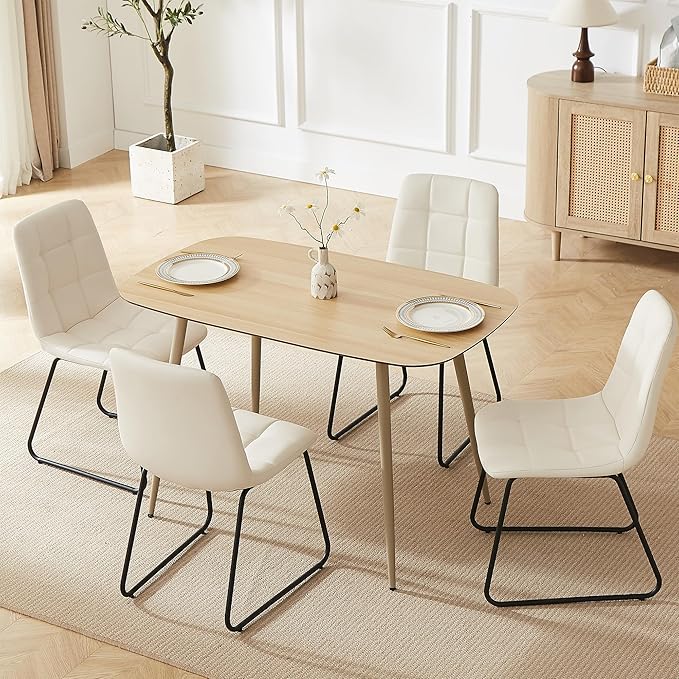 HIPIHOM 47.2'' Dining Table Set for 4 - Modern Wood Table with Cat Scratch-Resistant Surface & 4 U-Shaped White Leather Chairs, Kitchen & Dining Room Furniture, Space-Saving Table and Chairs Set