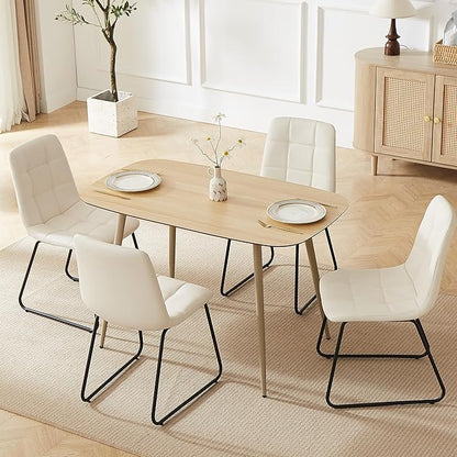 HIPIHOM 47.2'' Dining Table Set for 4 - Modern Wood Table with Cat Scratch-Resistant Surface & 4 U-Shaped White Leather Chairs, Kitchen & Dining Room Furniture, Space-Saving Table and Chairs Set