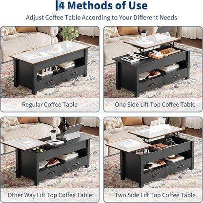 IDEALHOUSE 47.2" Coffee Table with Storage, Multi-Function Lift Top Coffee Table with Wooden Lift Tabletop, 2 Drawers and Hidden Compartment, Central Table for Living Room Home Office, Black