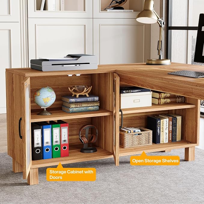 Tribesigns 59-Inch L-Shaped Desk with File Cabinet & Shelves, Brown | Executive Office Desk with Storage, Wooden Computer Writing Desk Corner Desk for Home Office