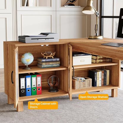 Tribesigns 59-Inch L-Shaped Desk with File Cabinet & Shelves, Brown | Executive Office Desk with Storage, Wooden Computer Writing Desk Corner Desk for Home Office