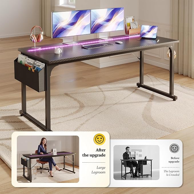 DurayLoly 55” Carbon Fiber Gaming Desk, IP65 RGB LED Computer Desk with Side Storage Bag & Headphone Hook, Sturdy Metal Frame Space Saving Home Office Desk for Teens Bedroom Dorm Study Gaming Room