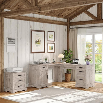 Whalefall 67'' Farmhouse L-Shaped Desk with Drawers for Home Office, Gray | Computer Corner Desk with File Cabinet and Charging Station, Large Executive L Desk with Locking Drawers Storage