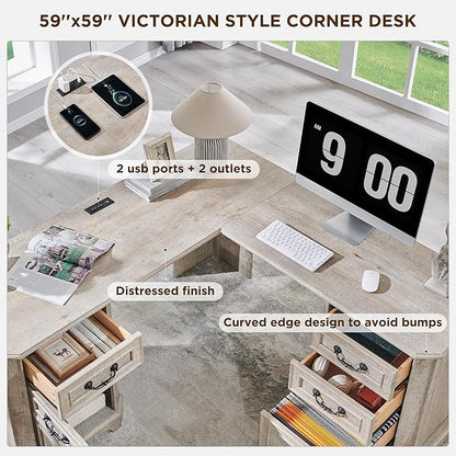 T4TREAM 59" Executive L Shaped Desk with Drawers,Farmhouse Wood Computer Corner Desk, Featuring Charging Station,File Drawer, Storage Cabinet,for Home Office Work and Study (Light Rustic Oak)