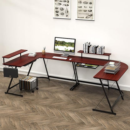 SHW 51 x 51 Inches Vista L-Shaped Desk with Monitor Stand and Drawer, Cherry