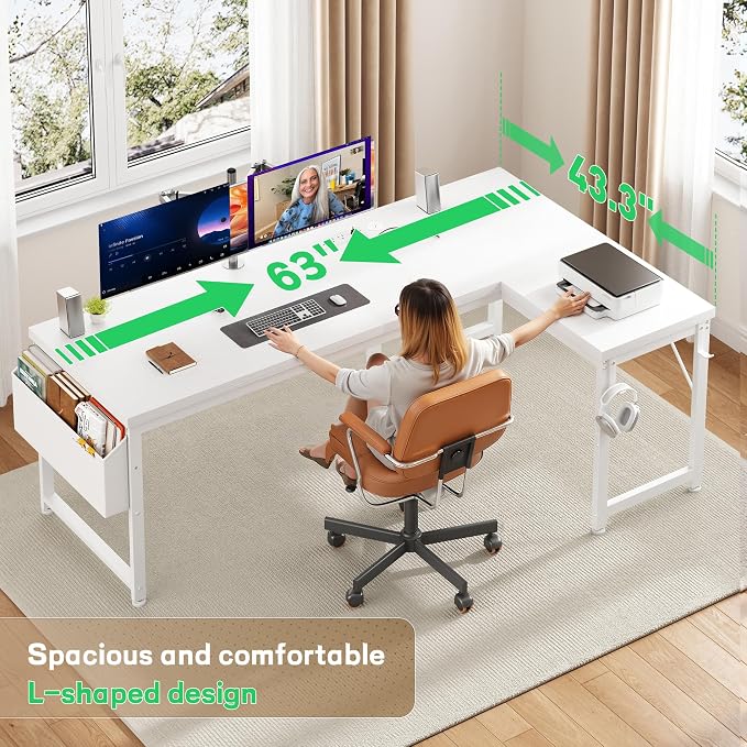 DurayLoly 63" L Shaped Desk for 2 Monitors or 2 laptops,Computer Desk with Power Outlet and LED Lights, 0.95" Thicker Desktop & Metal Frame for Study,Gaming Desk for Bedroom,Home Office,Brown