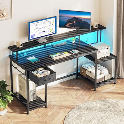 Black Gaming Desk With RGB Lights and 3 AC Power Outlets,Office Computer Desk with 55" Long Monitor Stand,18"Ample Printer Space,Storage Drawer and File Shelves,Study Desk,Bedroom Writing Desk