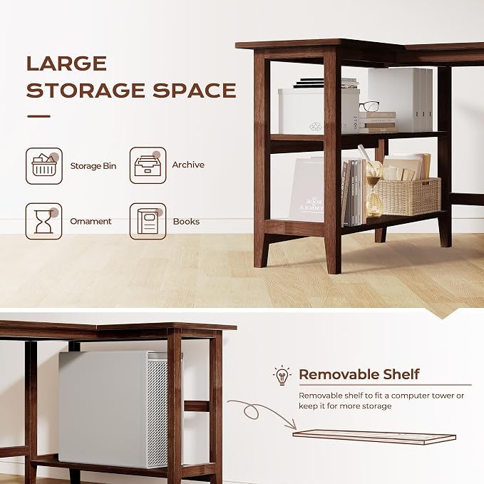 IOTXY Reversible L-Shaped Office Desk - 45" Compact Corner Computer Table with Storage Shelves, Solid Wood Legs, Writing & Study Workstation for Small Spaces, Walnut