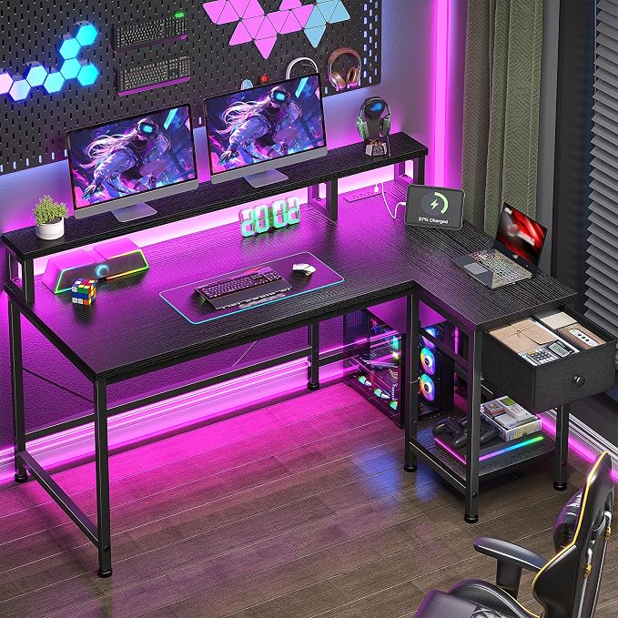 DurayLoly 40" L- Shaped Gaming Desk with LED Lights & Power Outlet,Gaming Desk with Monitor Stand for Gamer,Home Office Desk with Drawer for Student Study Room,Bedroom,Small Working Room,Black