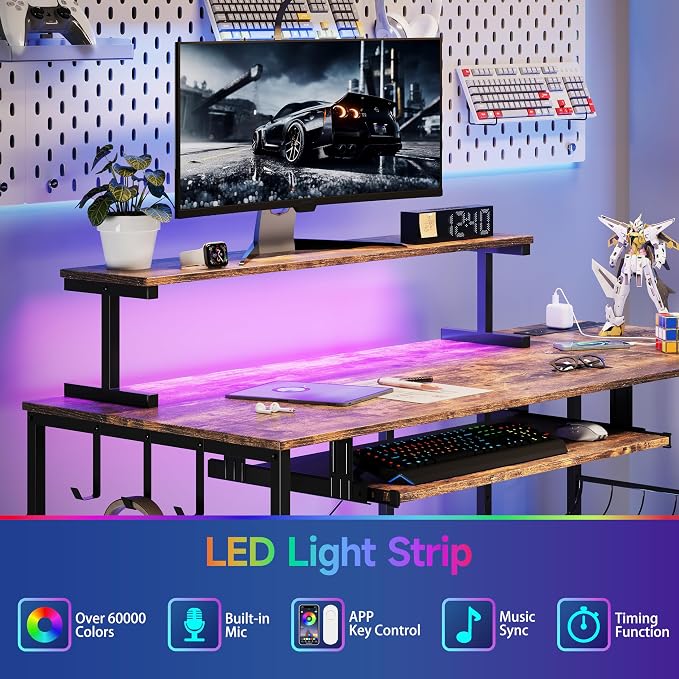L Shaped Gaming Desk with Power Outlets & RGB Lights, 46'' L- Shaped Desk Computer Corner Desk with Monitor Stand & Storage Shelf & Hook, Home Office Desk Writing Desk, Brown