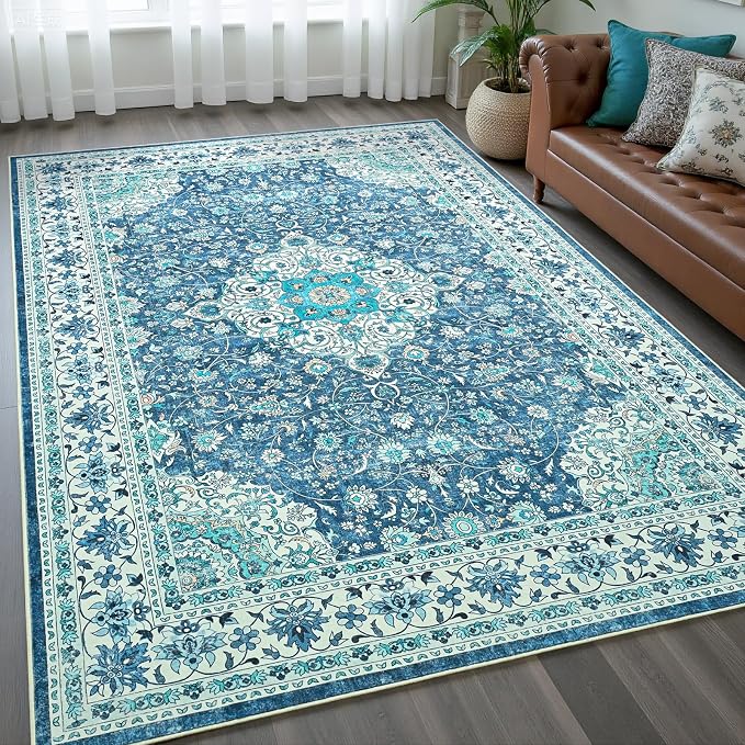 Goideal Washable Rug 4x6, Vintage Area Rugs Non Slip, Indoor Low Pile Carpet with Rubber Backing for Living Room Kitchen Bathroom Entryway Office Bedroom,Blue & Teal