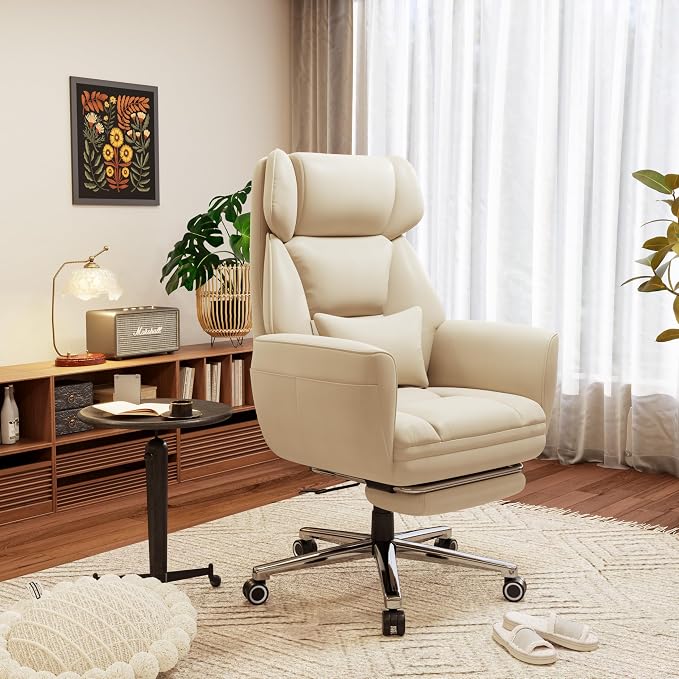 GABRYLLY Office Criss Cross Chair with Footrest, Big and Tall Executive Chair with Wide Seat,Reversible Armrest,Wheels, Lumbar Pillow and 120°Tilt,Computer Desk Chair for Gaming,Meditation,Ivory
