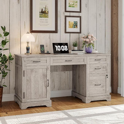 Whalefall 55'' Farmhouse Desk Home Office with Drawers, Light Gray | Executive Computer Desk with File Cabinet and Charging Station, Wooden Small Desk with Locking Drawers Storage