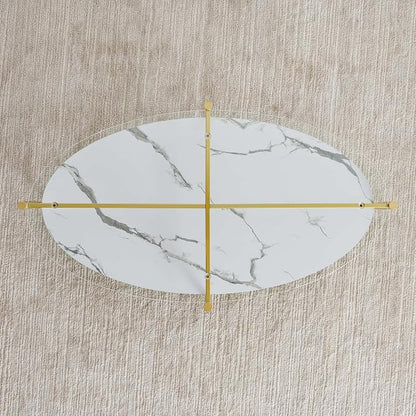 LumFurn Oval Glass Coffee Table, Mid-Century Modern Design, L43 x W22 x H17 inch, Surfboard Shaped Clear Glass Top and White Marble Finish Wood Shelf, Tapered Legs with Gold Finish Frame