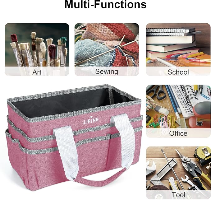 JJRING Craft Organizer Tote Bag, Art Storage Caddy with Multiple Pockets, Pink Sewing Bag for Art, Craft, Scrapbooking, School, Medical, and Office Supplies Storage